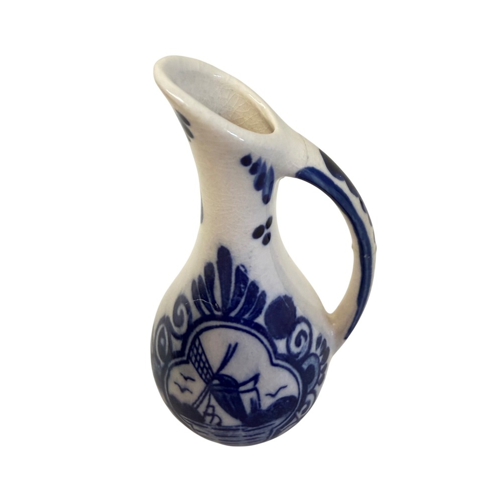 Delft Blue Miniature Pitcher Unisex Small Blue White Hand Painted Windmill Dutch